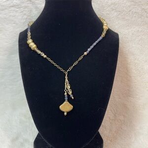 Handcrafted Elegant Gold and Blue Beaded Necklace